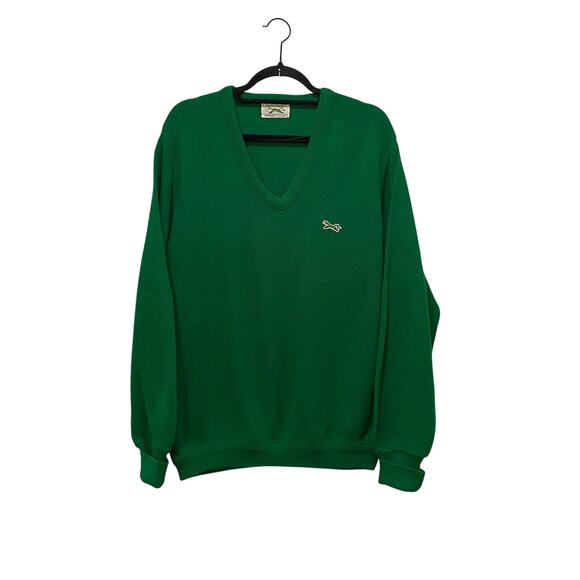 VINTAGE 70s THE FOX SWEATER Kelly Green Vneck MEDIUM Grandpacore Academia Prep - Picture 1 of 6